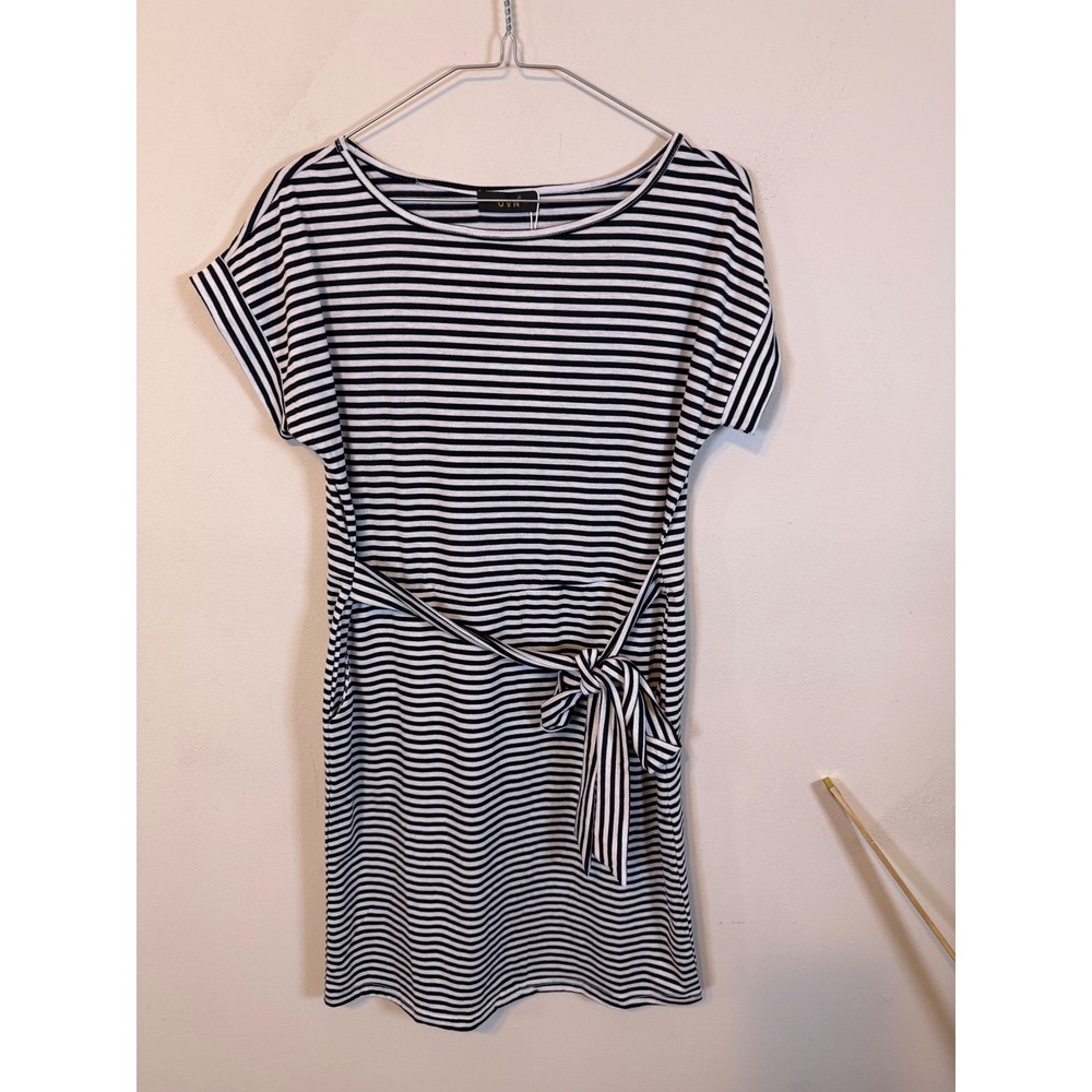 UVN Womens T-Shirt Dress Striped Tie Waist Black White Small NWT